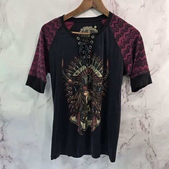 Affliction Tops - Affliction T Shirt Women Medium Black Red Tee Short Sleeve Criss Cross Feather